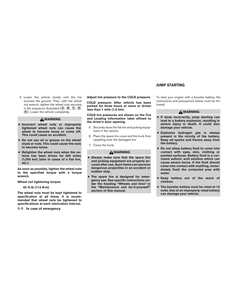 Jump starting -8 | NISSAN 2010 Maxima User Manual | Page 365 / 458