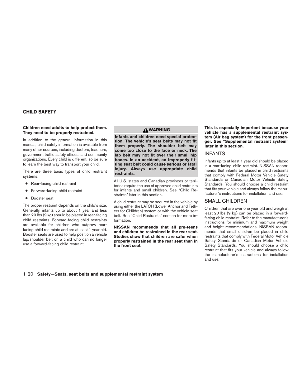 Child safety -20, Infants -20 small children -20 | NISSAN 2010 Maxima User Manual | Page 37 / 458