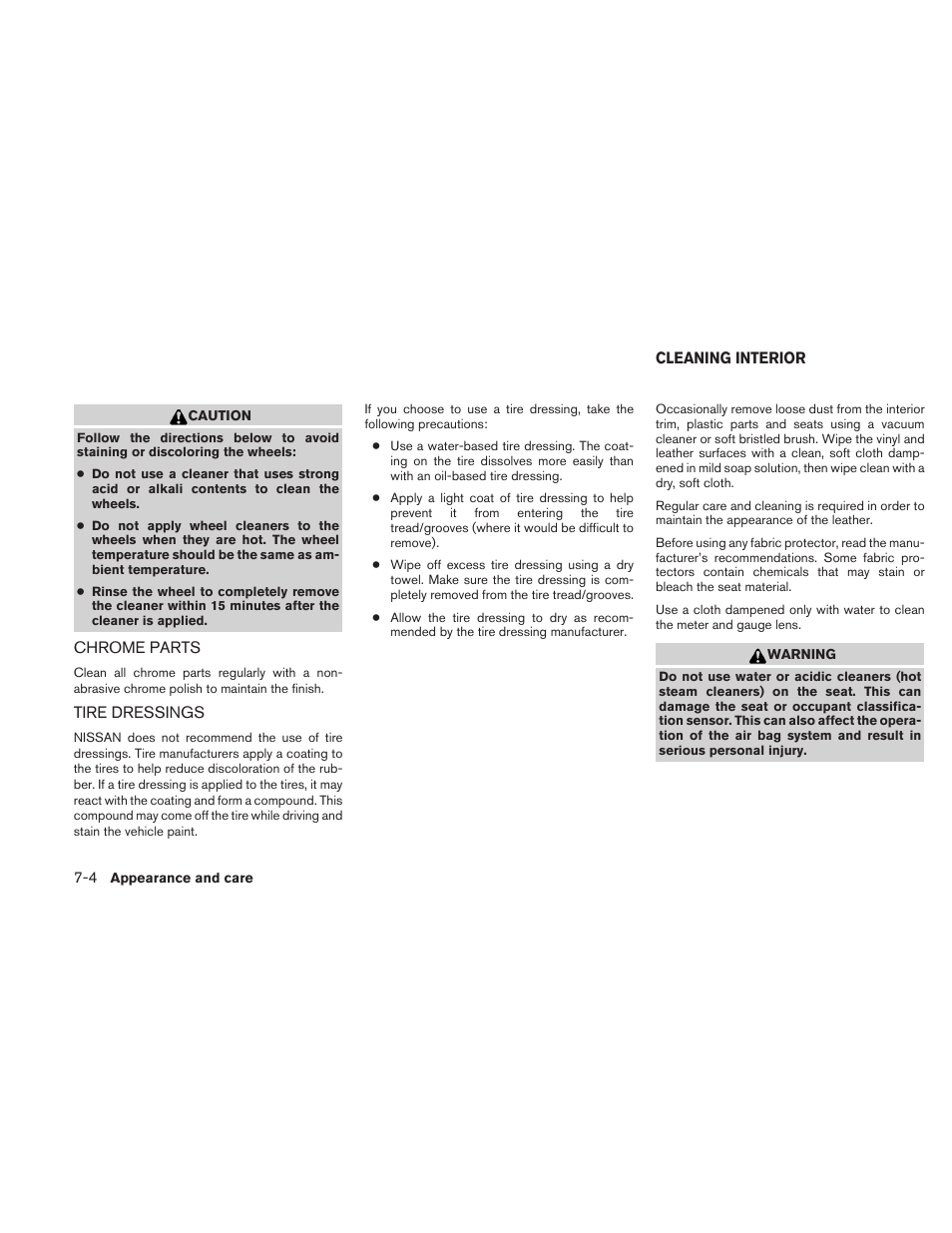 Chrome parts -4 tire dressings -4, Cleaning interior -4 | NISSAN 2010 Maxima User Manual | Page 375 / 458