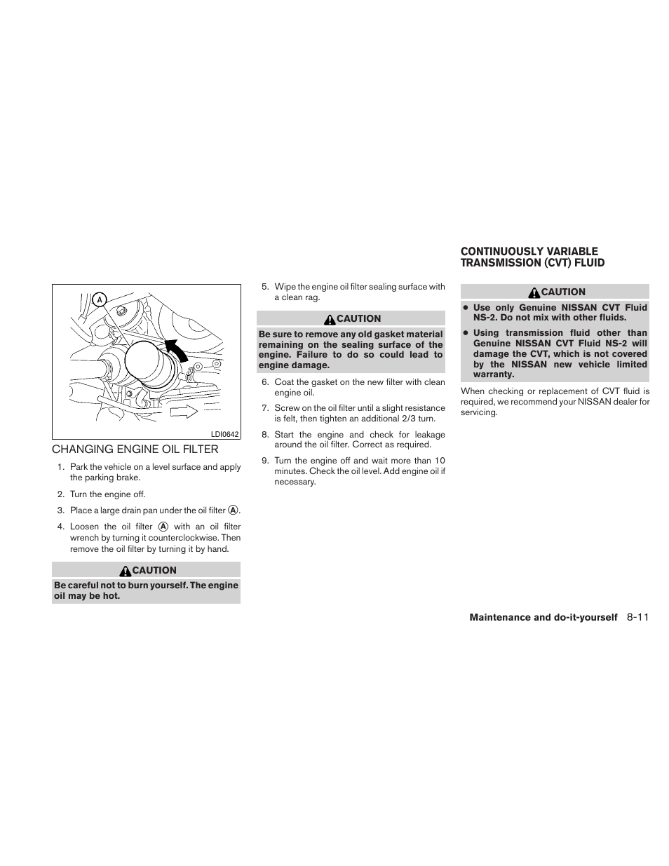 Changing engine oil filter -11, Continuously variable transmission (cvt) fluid -11 | NISSAN 2010 Maxima User Manual | Page 390 / 458