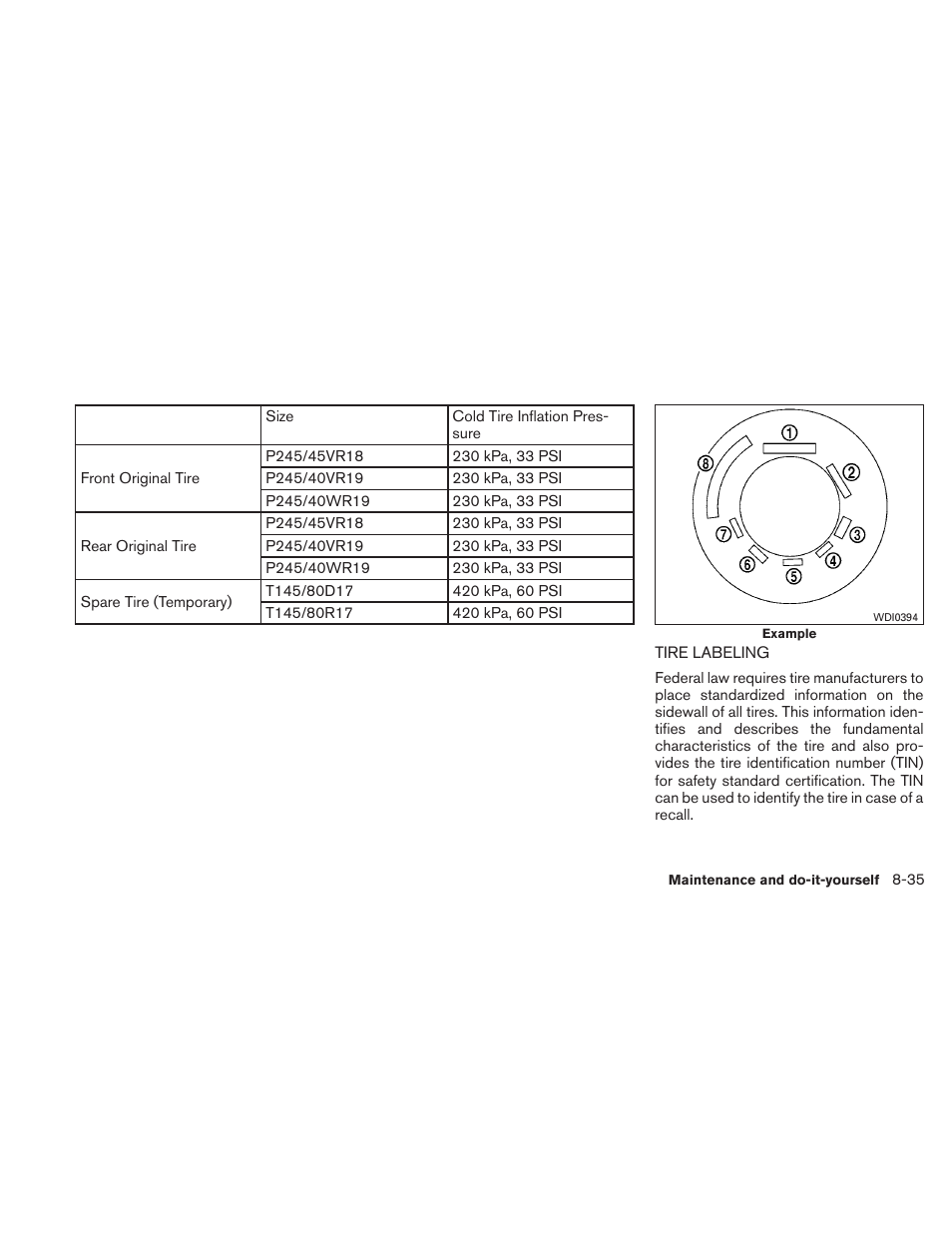 Tire labeling -35 | NISSAN 2010 Maxima User Manual | Page 414 / 458