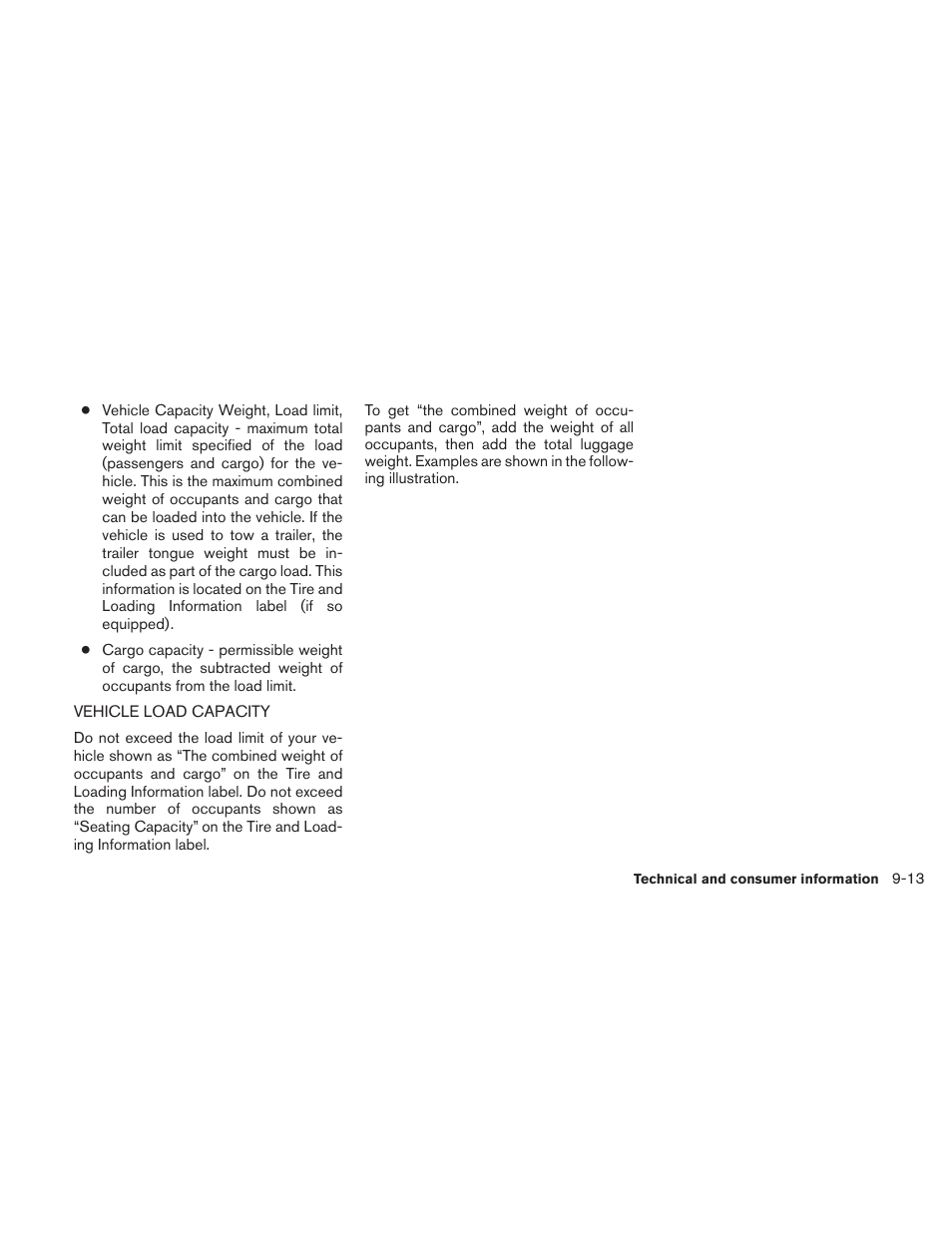 Vehicle load capacity -13 | NISSAN 2010 Maxima User Manual | Page 434 / 458