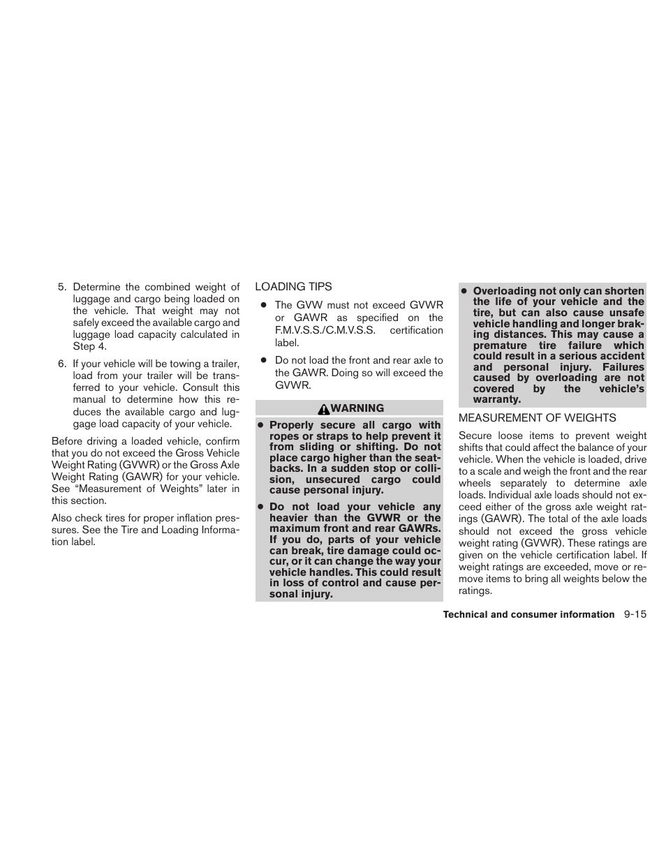 Loading tips -15 measurement of weights -15 | NISSAN 2010 Maxima User Manual | Page 436 / 458