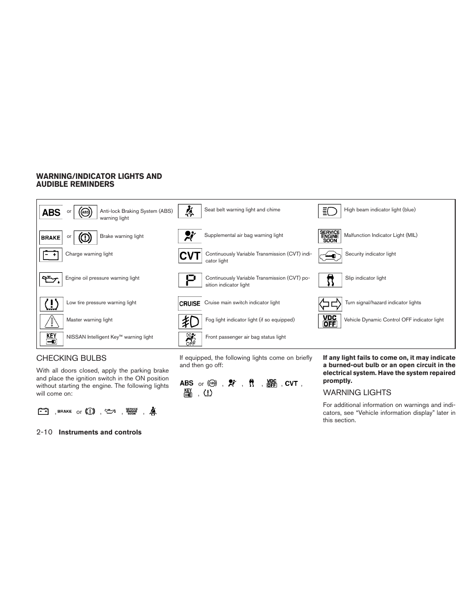 Warning/indicator lights and audible reminders -10, Checking bulbs -10 warning lights -10, Checking bulbs | Warning lights, Warning/indicator lights and audible reminders | NISSAN 2010 Maxima User Manual | Page 83 / 458