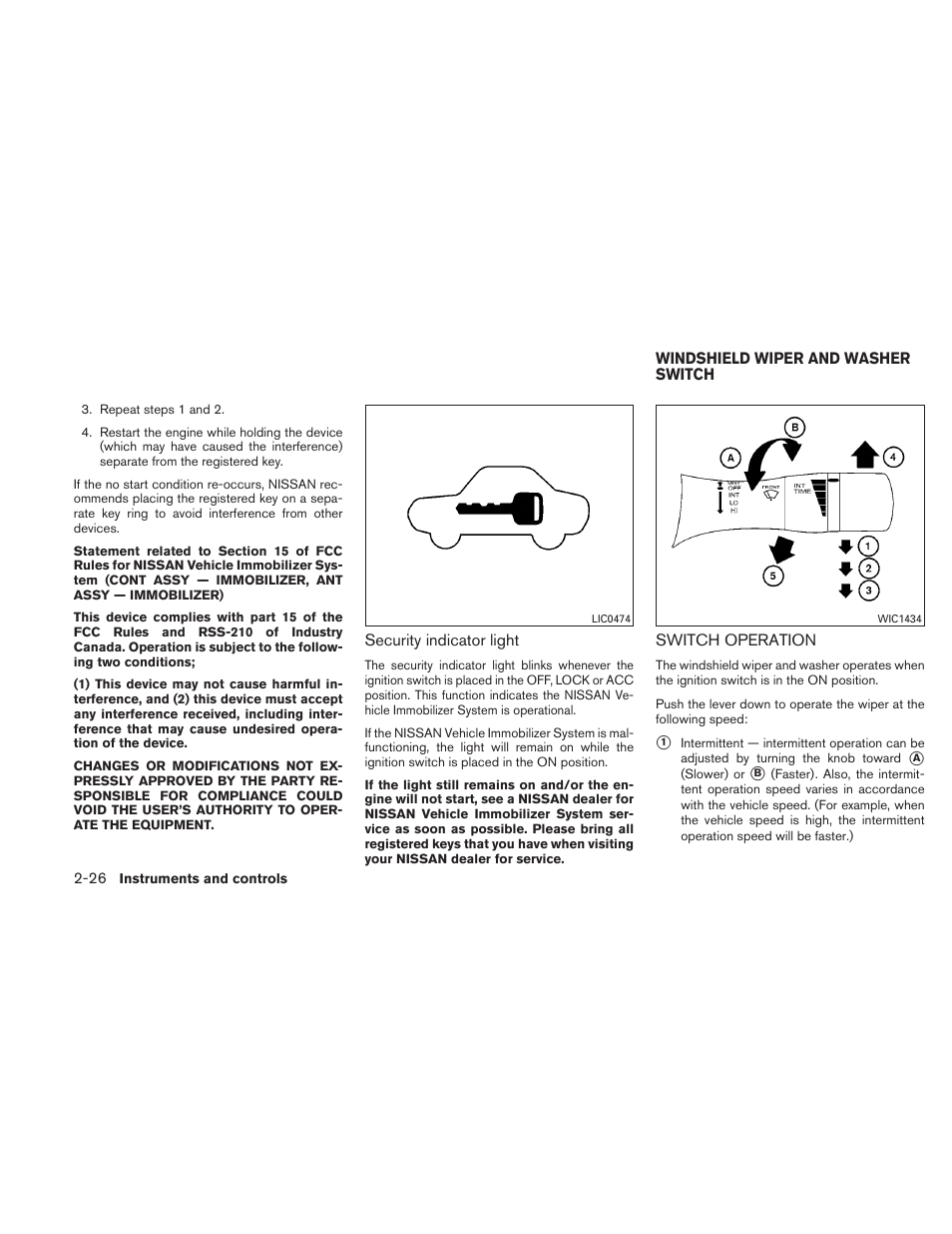 Windshield wiper and washer switch -26, Switch operation -26 | NISSAN 2010 Maxima User Manual | Page 99 / 458