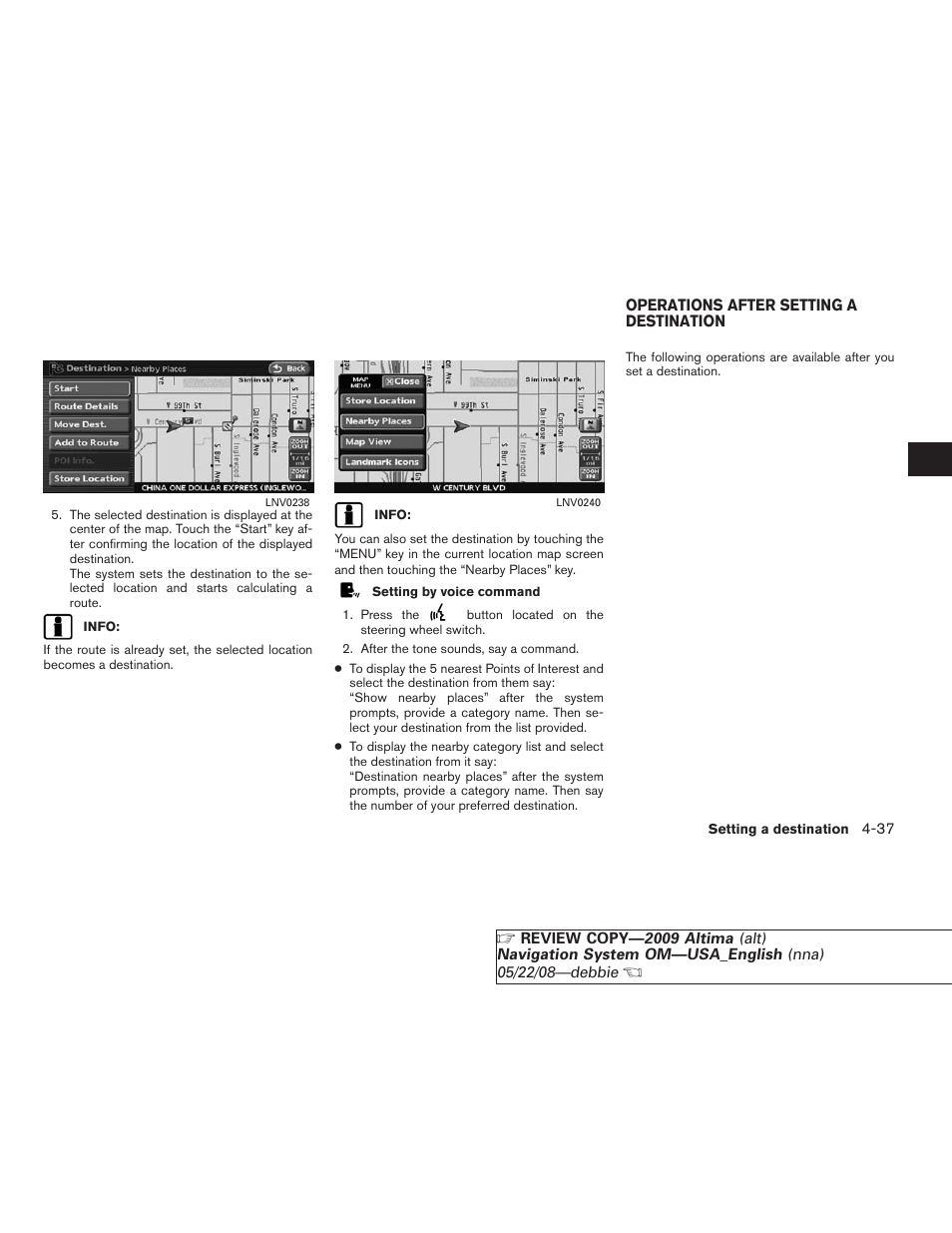 Operations after setting a destination -37 | NISSAN 2009 Altima Coupe User Manual | Page 102 / 238