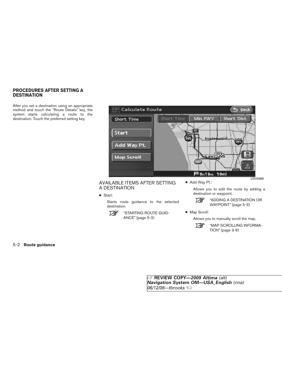 Procedures after setting a destination -2, Available items after setting a destination -2 | NISSAN 2009 Altima Coupe User Manual | Page 109 / 238