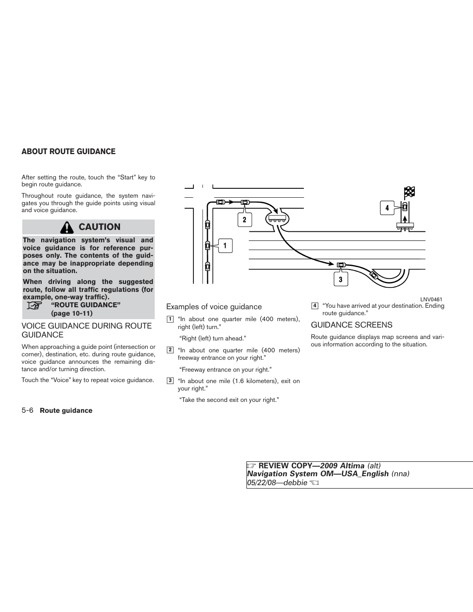 About route guidance -6, Caution | NISSAN 2009 Altima Coupe User Manual | Page 113 / 238