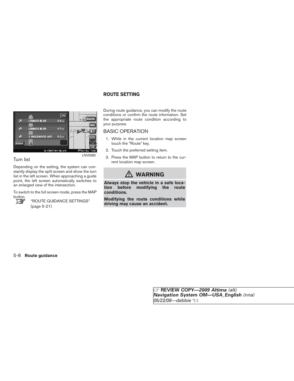 Route setting -8, Basic operation -8, Warning | NISSAN 2009 Altima Coupe User Manual | Page 115 / 238