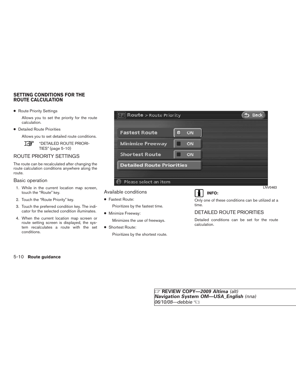 Setting conditions for the route calculation -10 | NISSAN 2009 Altima Coupe User Manual | Page 117 / 238