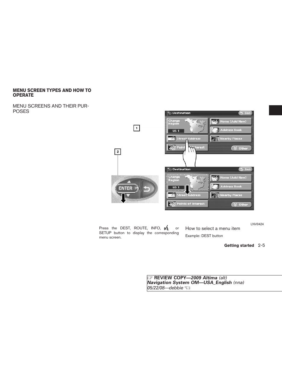 Menu screen types and how to operate -5, Menu screens and their purposes -5 | NISSAN 2009 Altima Coupe User Manual | Page 12 / 238