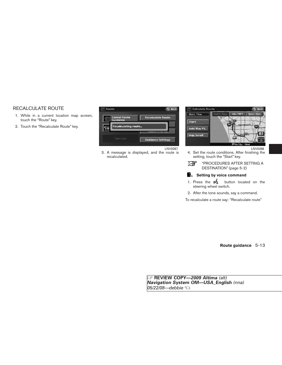 Recalculate route -13 | NISSAN 2009 Altima Coupe User Manual | Page 120 / 238