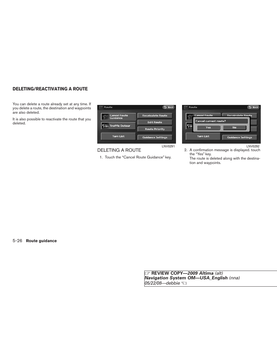 Deleting/reactivating a route -26, Deleting a route -26 | NISSAN 2009 Altima Coupe User Manual | Page 133 / 238