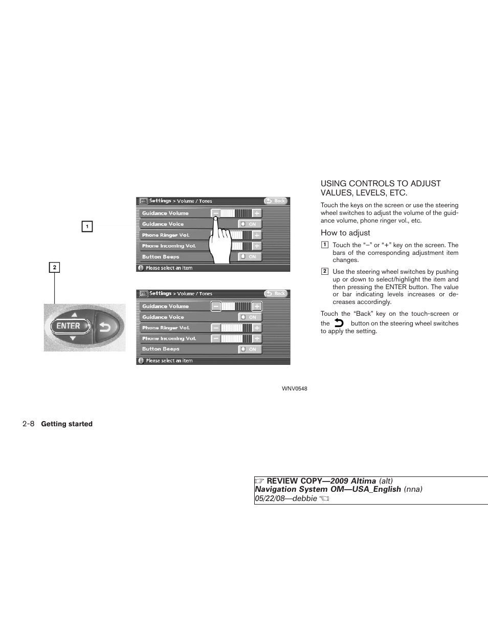 Using controls to adjust values, levels, etc -8 | NISSAN 2009 Altima Coupe User Manual | Page 15 / 238