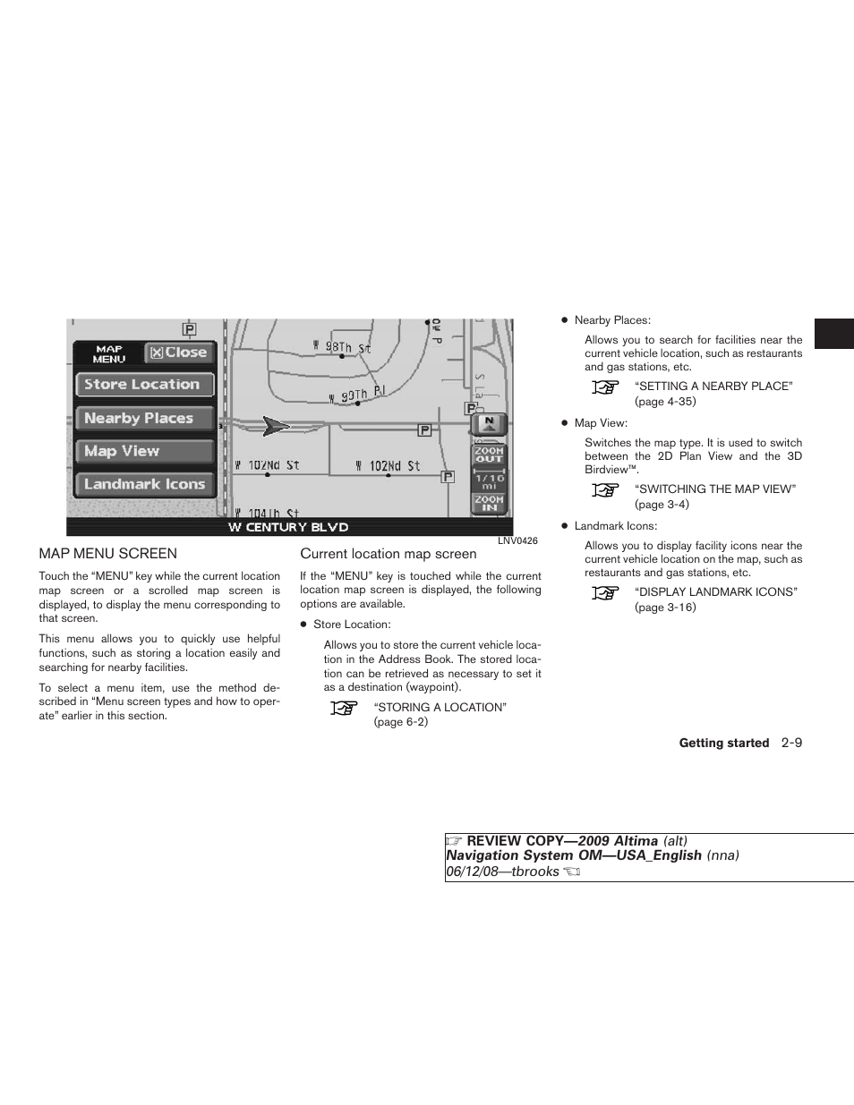 Map menu screen -9 | NISSAN 2009 Altima Coupe User Manual | Page 16 / 238