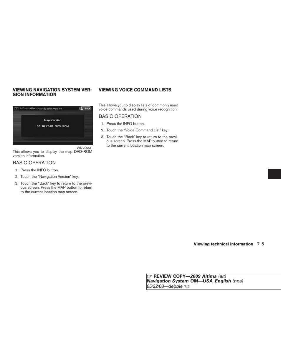 Viewing navigation system version information -5, Basic operation -5, Viewing voice command lists -5 | NISSAN 2009 Altima Coupe User Manual | Page 168 / 238