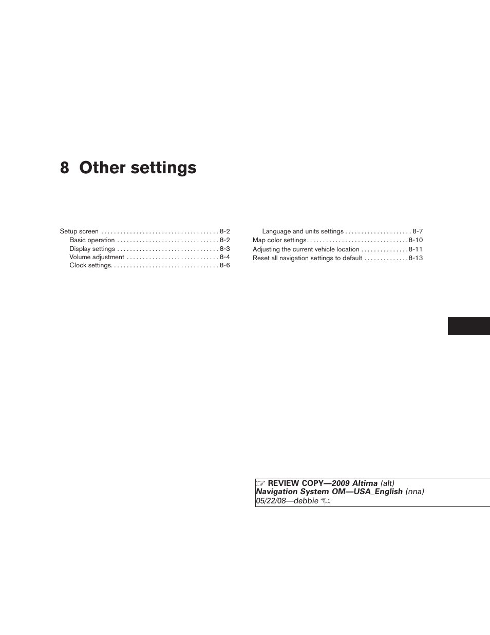 Other settings, 8 other settings | NISSAN 2009 Altima Coupe User Manual | Page 176 / 238