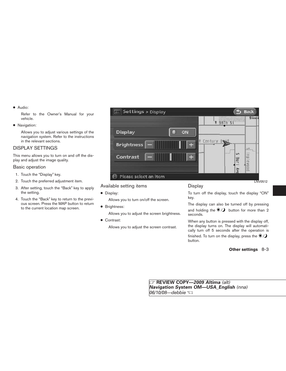 Display settings -3 | NISSAN 2009 Altima Coupe User Manual | Page 178 / 238