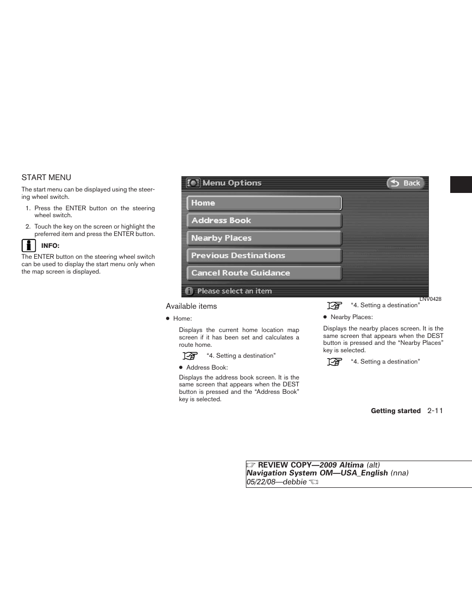 Start menu -11 | NISSAN 2009 Altima Coupe User Manual | Page 18 / 238