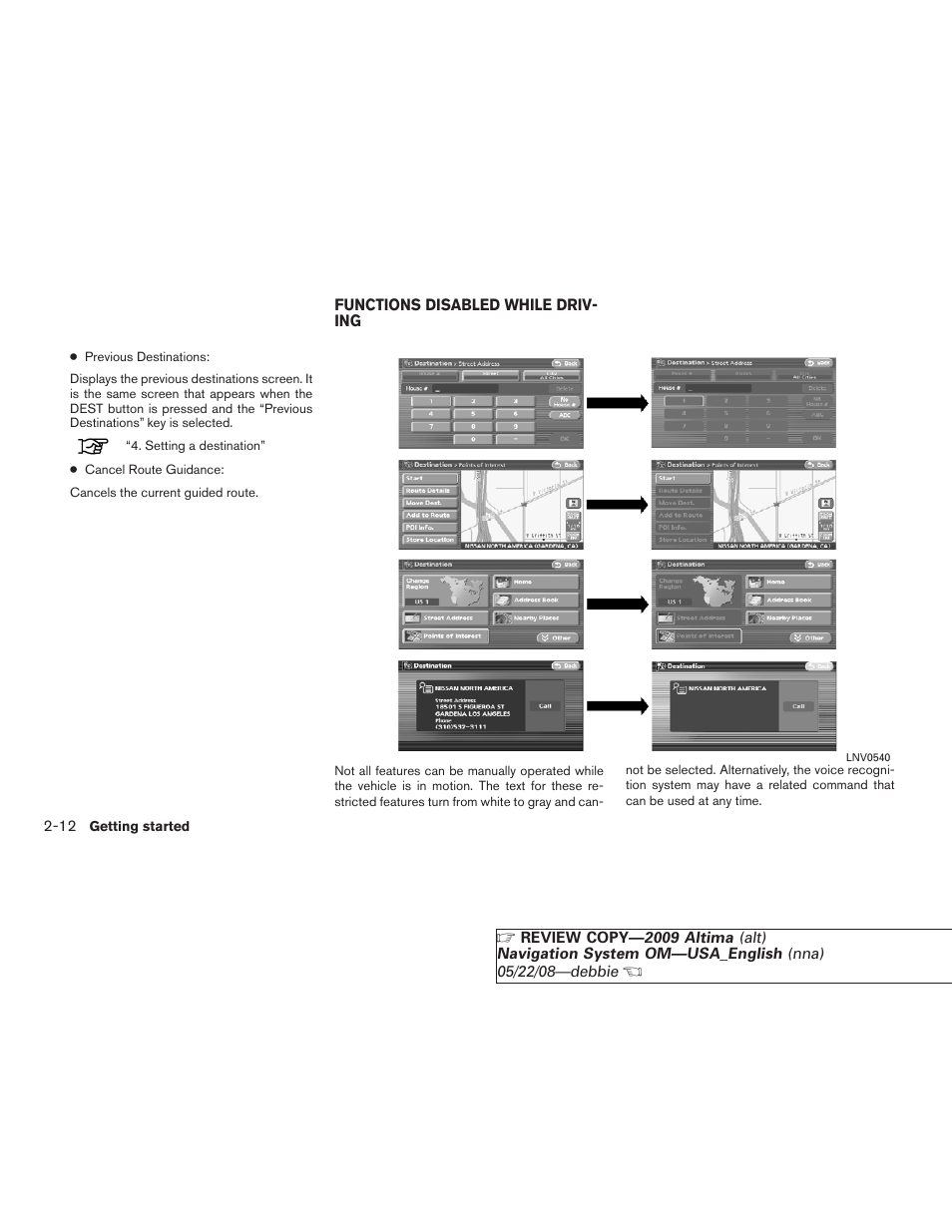 Functions disabled while driving -12 | NISSAN 2009 Altima Coupe User Manual | Page 19 / 238