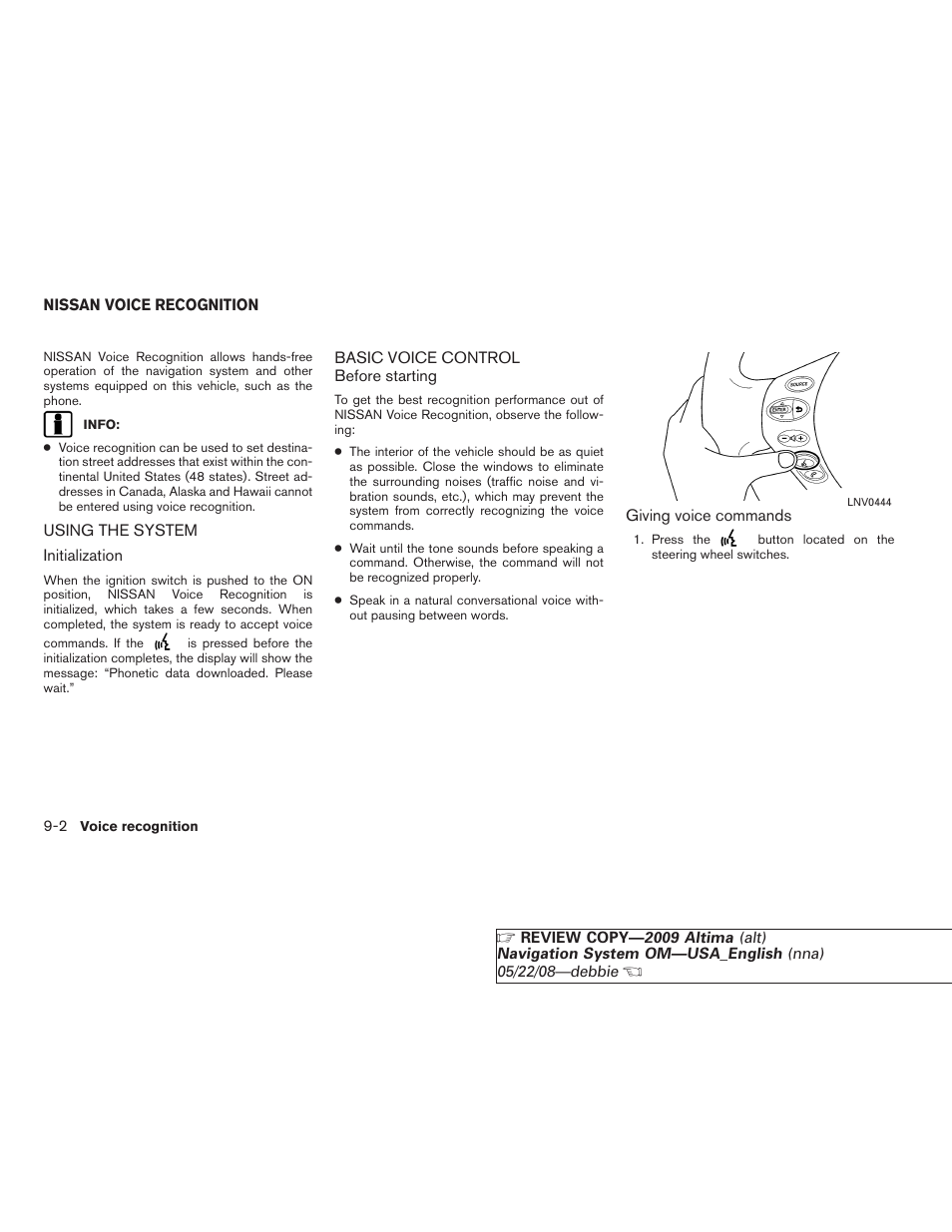 Nissan voice recognition -2, Using the system -2 basic voice control -2 | NISSAN 2009 Altima Coupe User Manual | Page 191 / 238