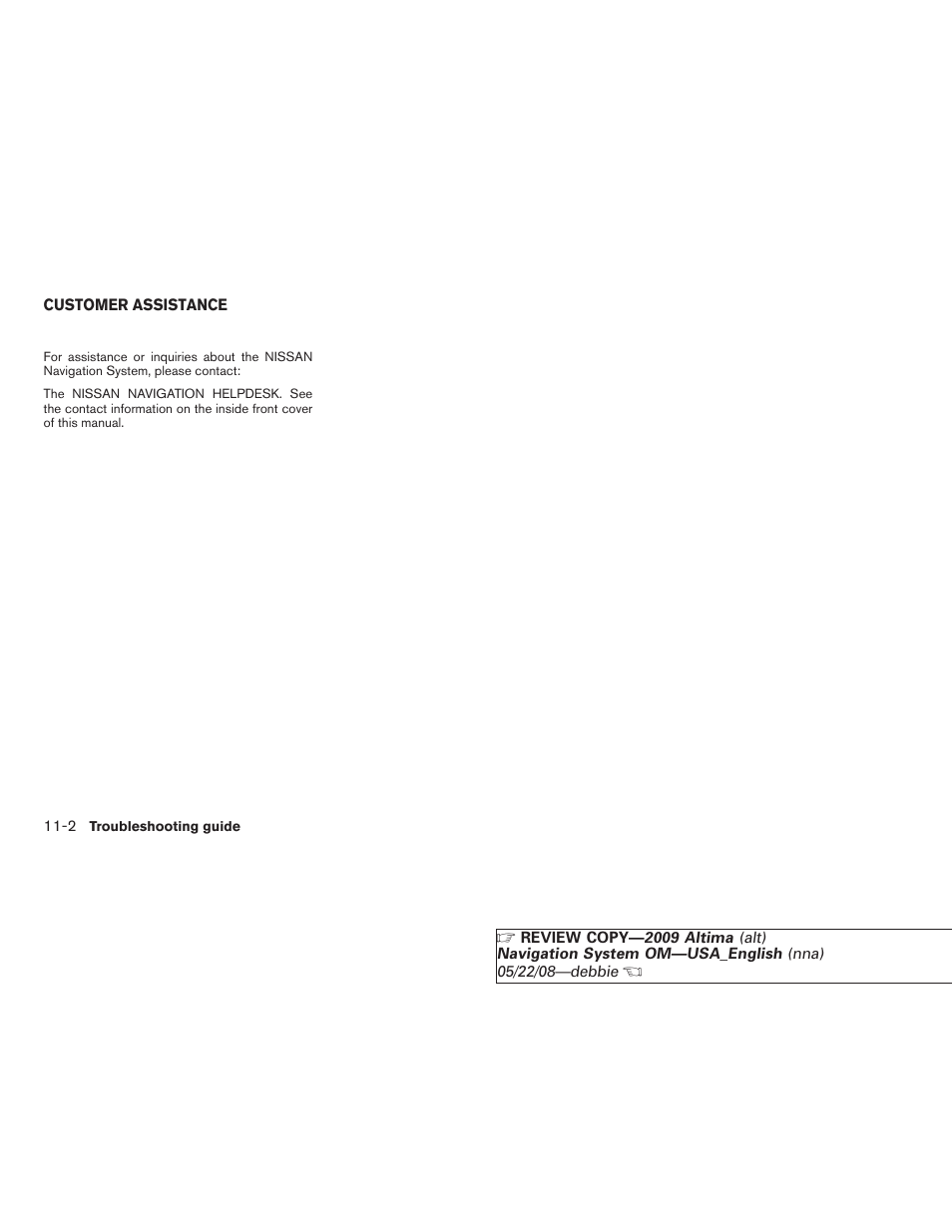 Customer assistance -2 | NISSAN 2009 Altima Coupe User Manual | Page 219 / 238