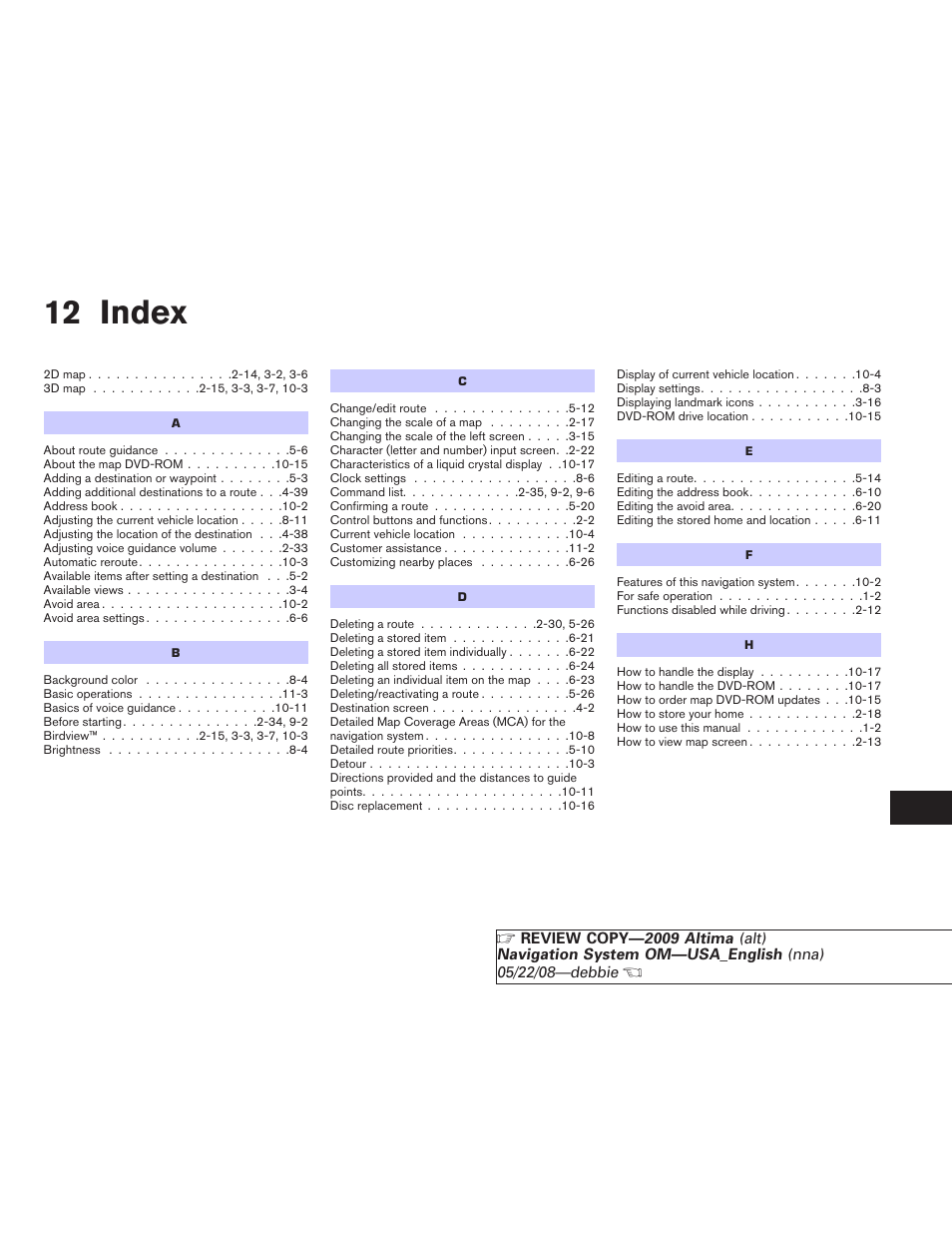 Index, 12 index | NISSAN 2009 Altima Coupe User Manual | Page 236 / 238