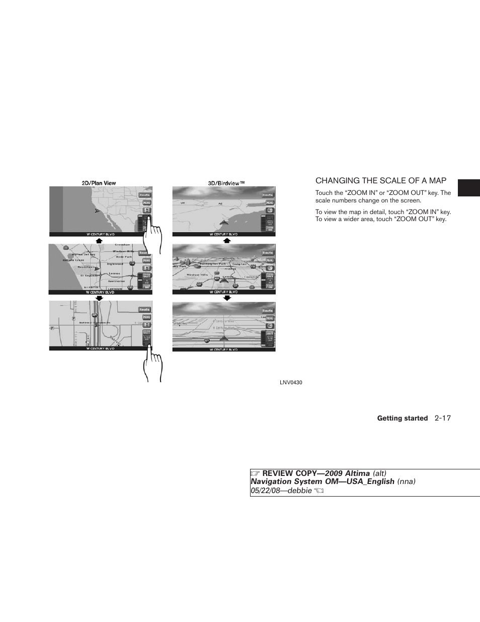 Changing the scale of a map -17 | NISSAN 2009 Altima Coupe User Manual | Page 24 / 238