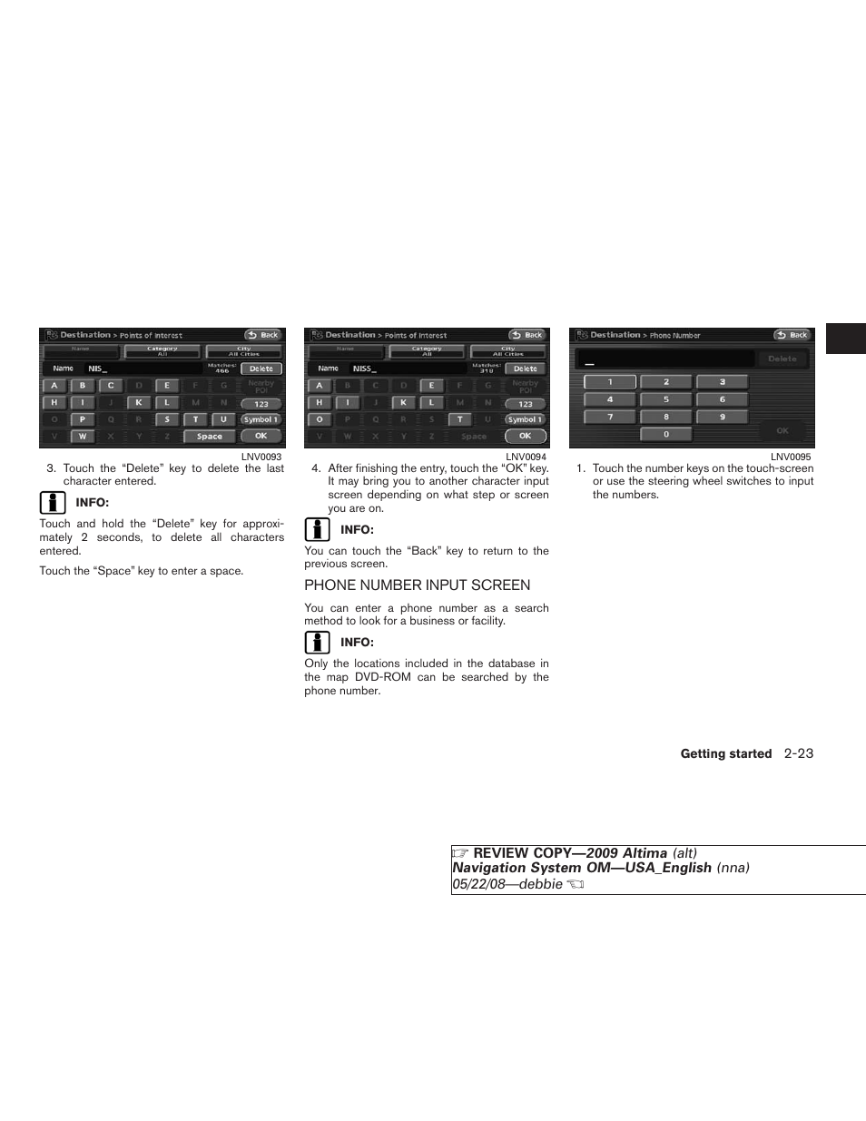 Phone number input screen -23 | NISSAN 2009 Altima Coupe User Manual | Page 30 / 238