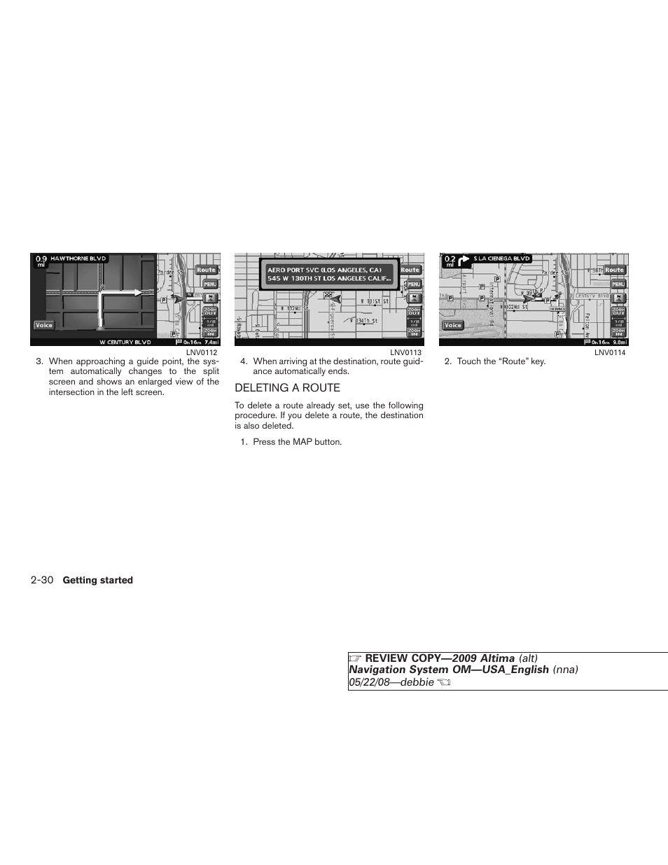 Deleting a route -30 | NISSAN 2009 Altima Coupe User Manual | Page 37 / 238