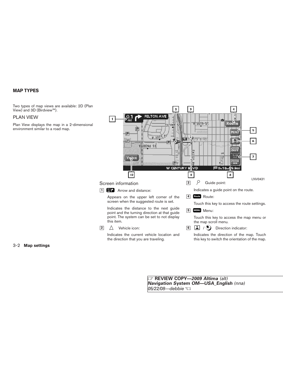 Map types -2, Plan view -2 | NISSAN 2009 Altima Coupe User Manual | Page 47 / 238