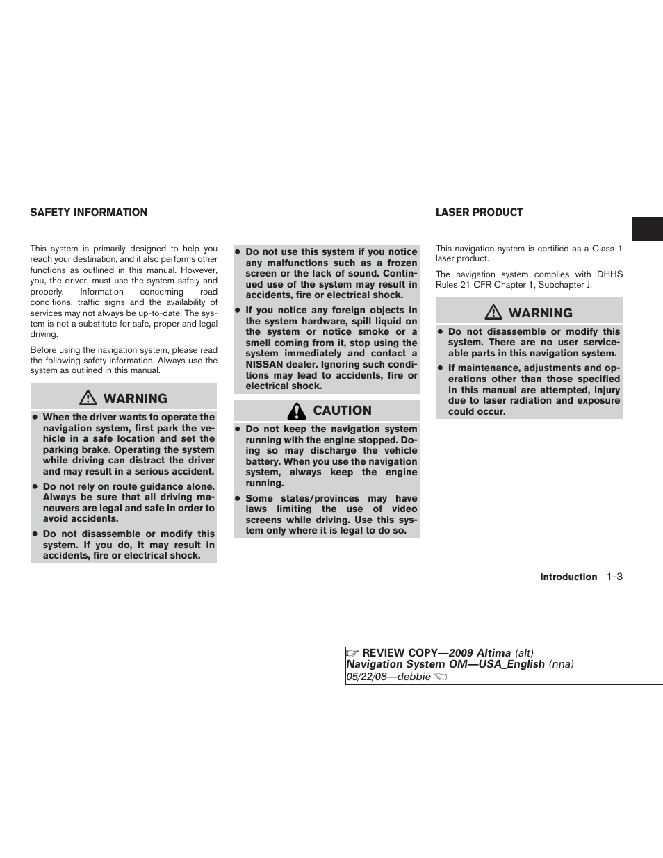 Warning, Caution | NISSAN 2009 Altima Coupe User Manual | Page 6 / 238