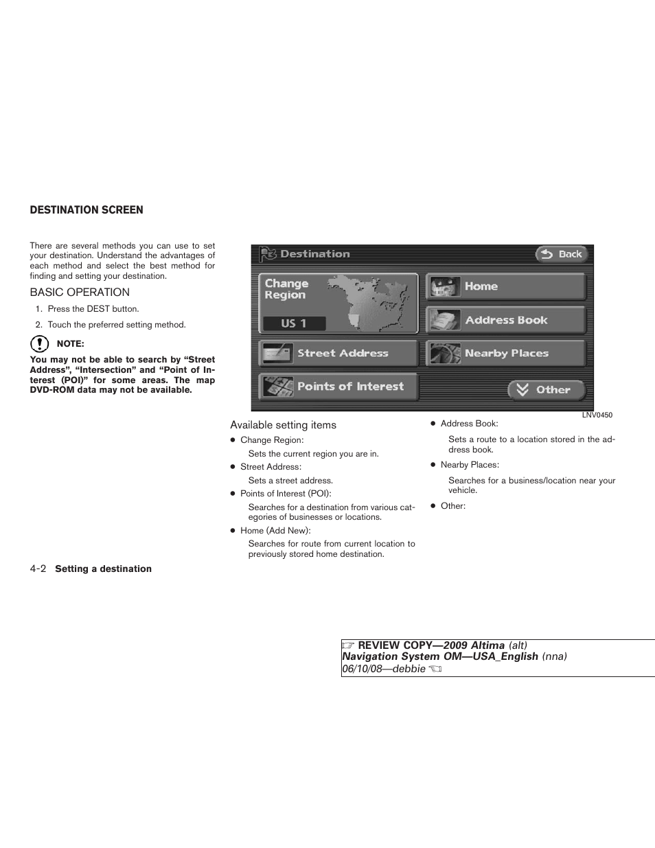 Destination screen -2, Basic operation -2 | NISSAN 2009 Altima Coupe User Manual | Page 67 / 238