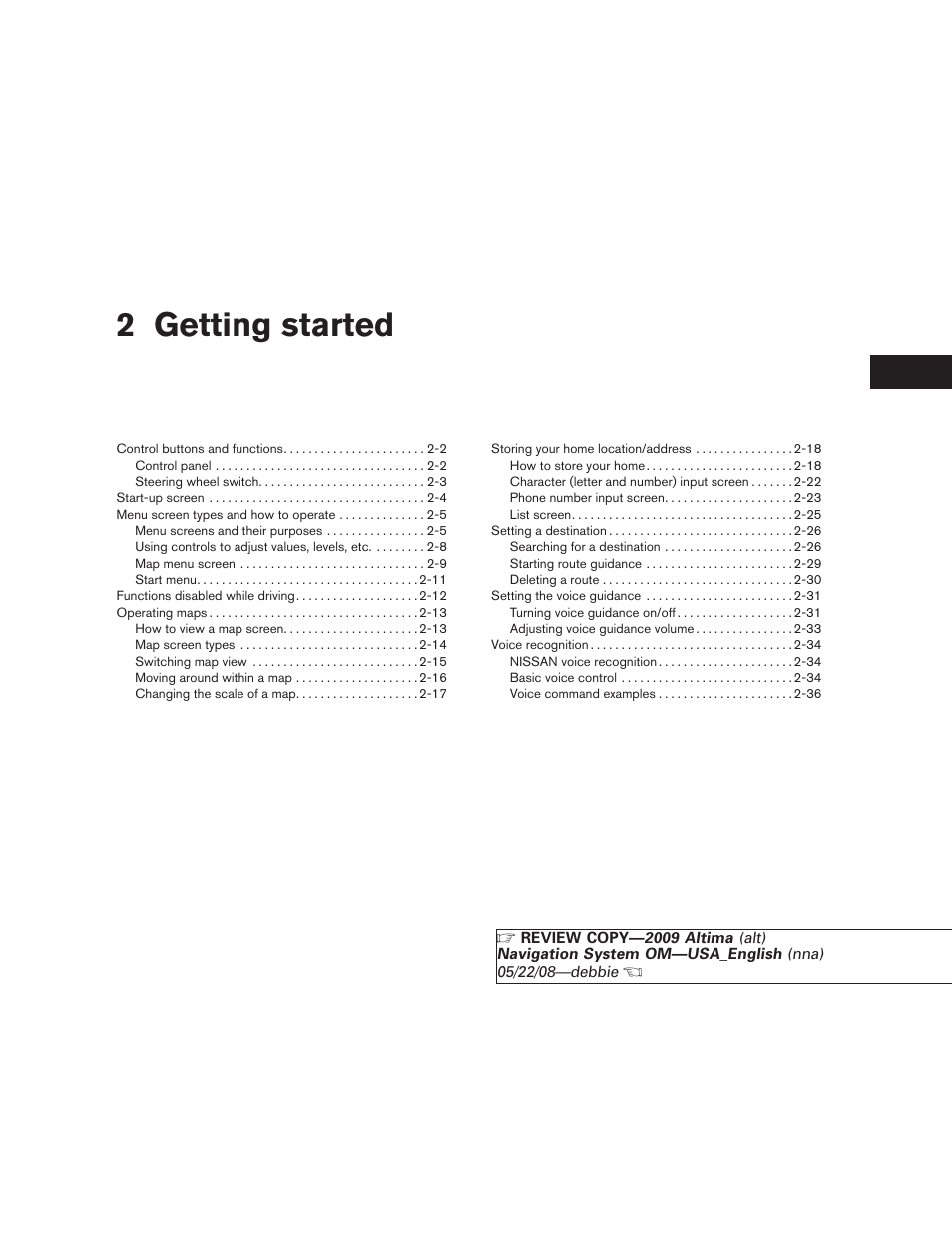 Getting started, 2 getting started | NISSAN 2009 Altima Coupe User Manual | Page 8 / 238