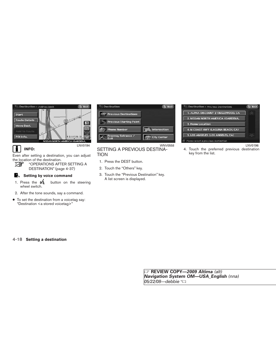 Setting a previous destination -18 | NISSAN 2009 Altima Coupe User Manual | Page 83 / 238