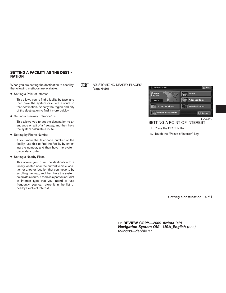 Setting a facility as the destination -21, Setting a point of interest -21 | NISSAN 2009 Altima Coupe User Manual | Page 86 / 238