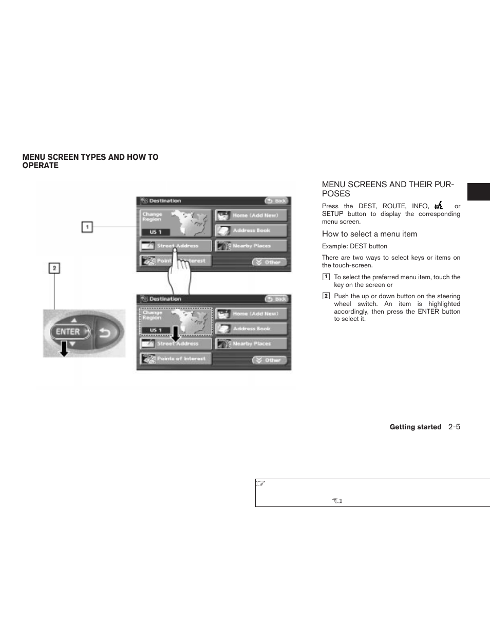 Menu screen types and how to operate -5, Menu screens and their purposes -5 | NISSAN 2008 Altima Sedan User Manual | Page 11 / 237
