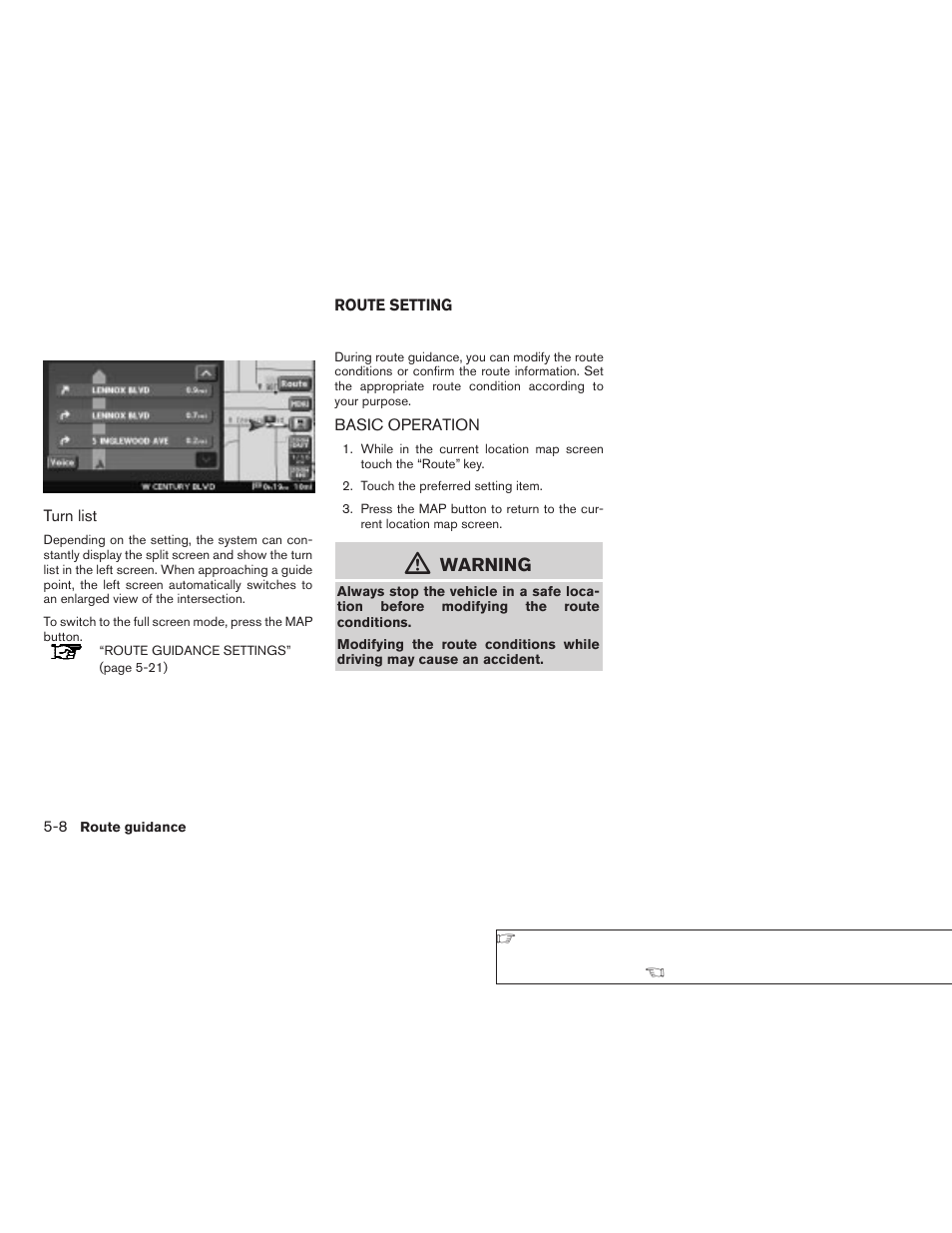 Route setting -8, Basic operation -8, Warning | NISSAN 2008 Altima Sedan User Manual | Page 114 / 237
