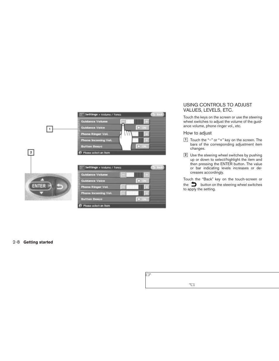 Using controls to adjust values, levels, etc -8 | NISSAN 2008 Altima Sedan User Manual | Page 14 / 237