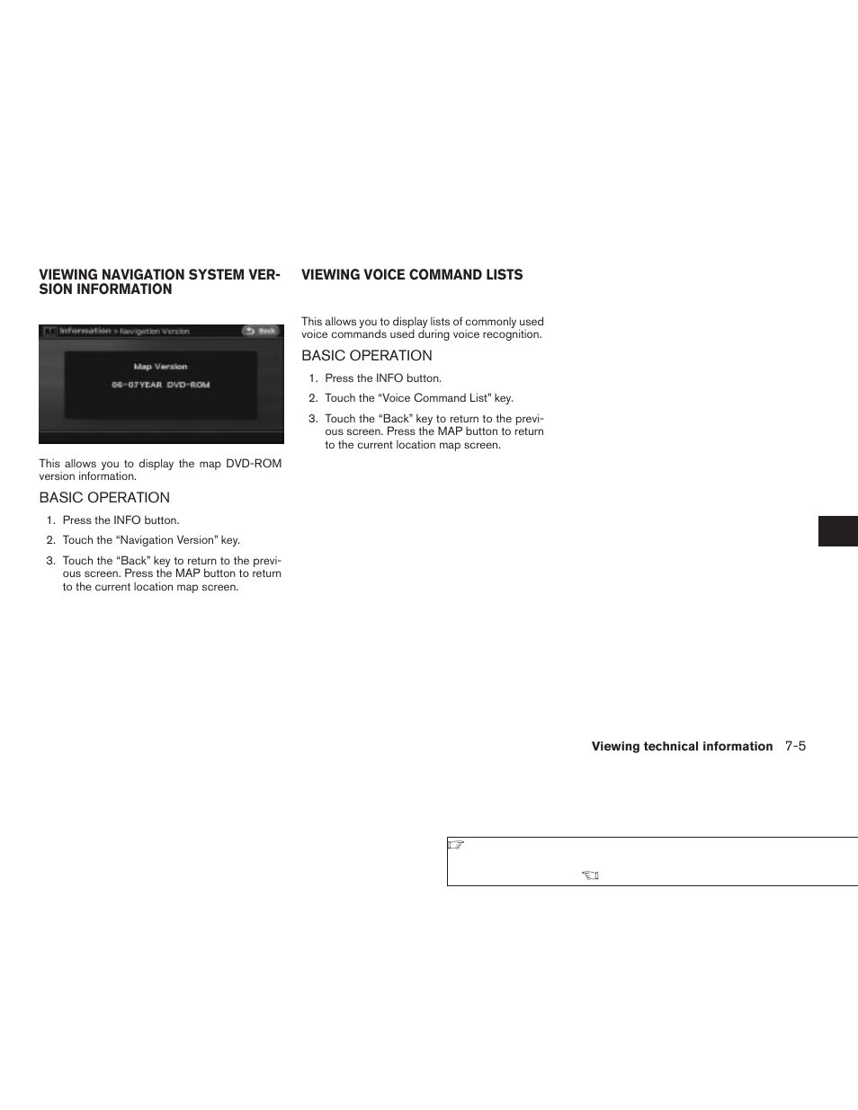 Viewing navigation system version information -5, Basic operation -5, Viewing voice command lists -5 | NISSAN 2008 Altima Sedan User Manual | Page 165 / 237