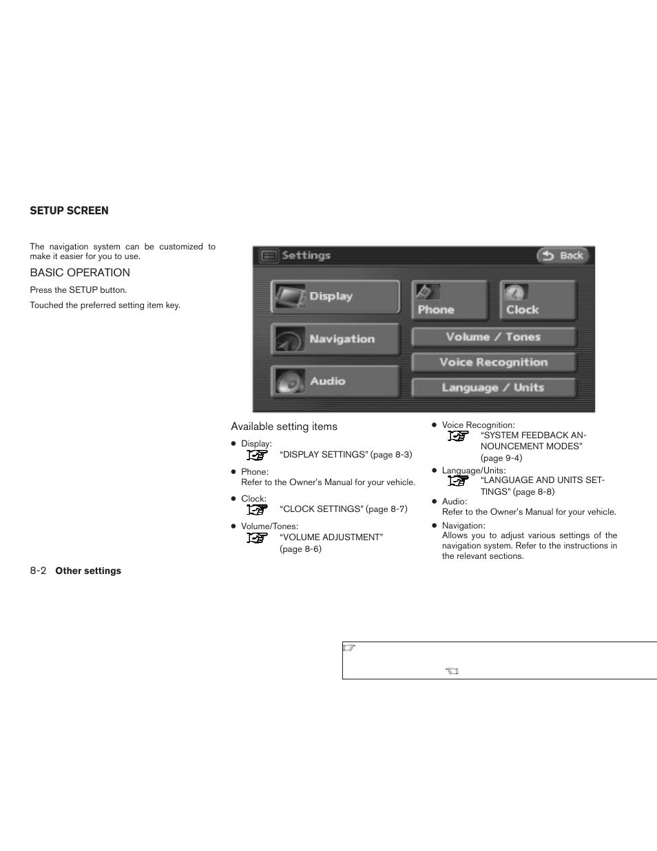 Setup screen -2, Basic operation -2 | NISSAN 2008 Altima Sedan User Manual | Page 174 / 237