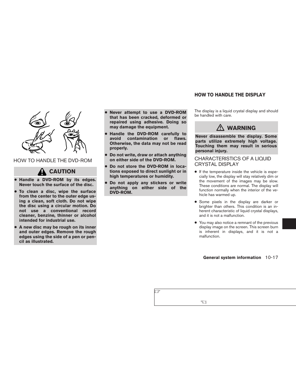 How to handle the dvd-rom -17, How to handle the display -17, Characteristics of a liquid crystal display -17 | Caution, Warning | NISSAN 2008 Altima Sedan User Manual | Page 213 / 237