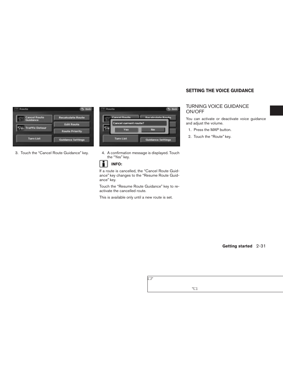 Setting the voice guidance -31, Turning voice guidance on/off -31 | NISSAN 2008 Altima Sedan User Manual | Page 37 / 237