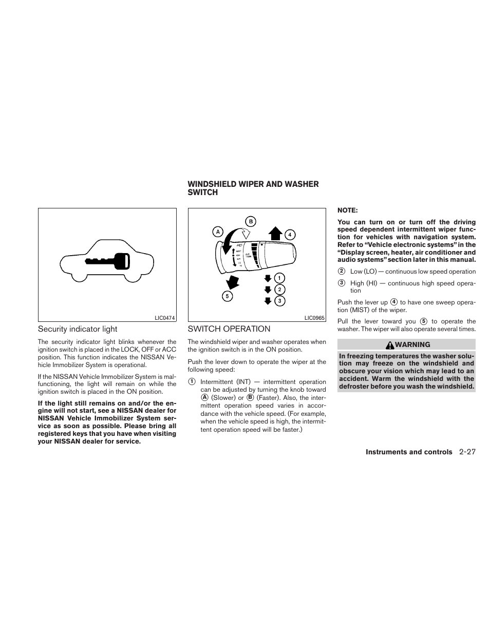 Windshield wiper and washer switch -27, Switch operation -27 | NISSAN TITAN 2010 User Manual | Page 107 / 407