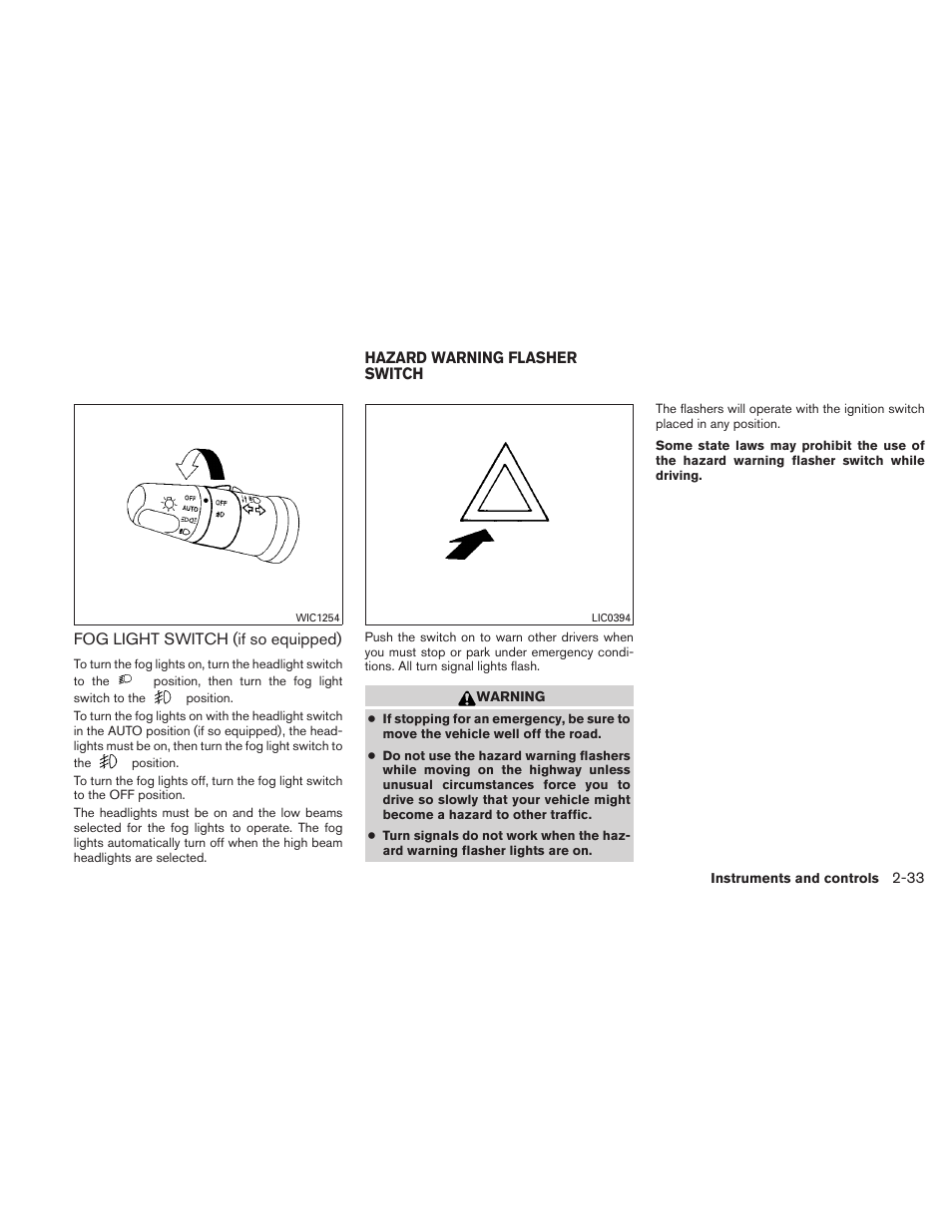 Fog light switch (if so equipped) -33, Hazard warning flasher switch -33 | NISSAN TITAN 2010 User Manual | Page 113 / 407