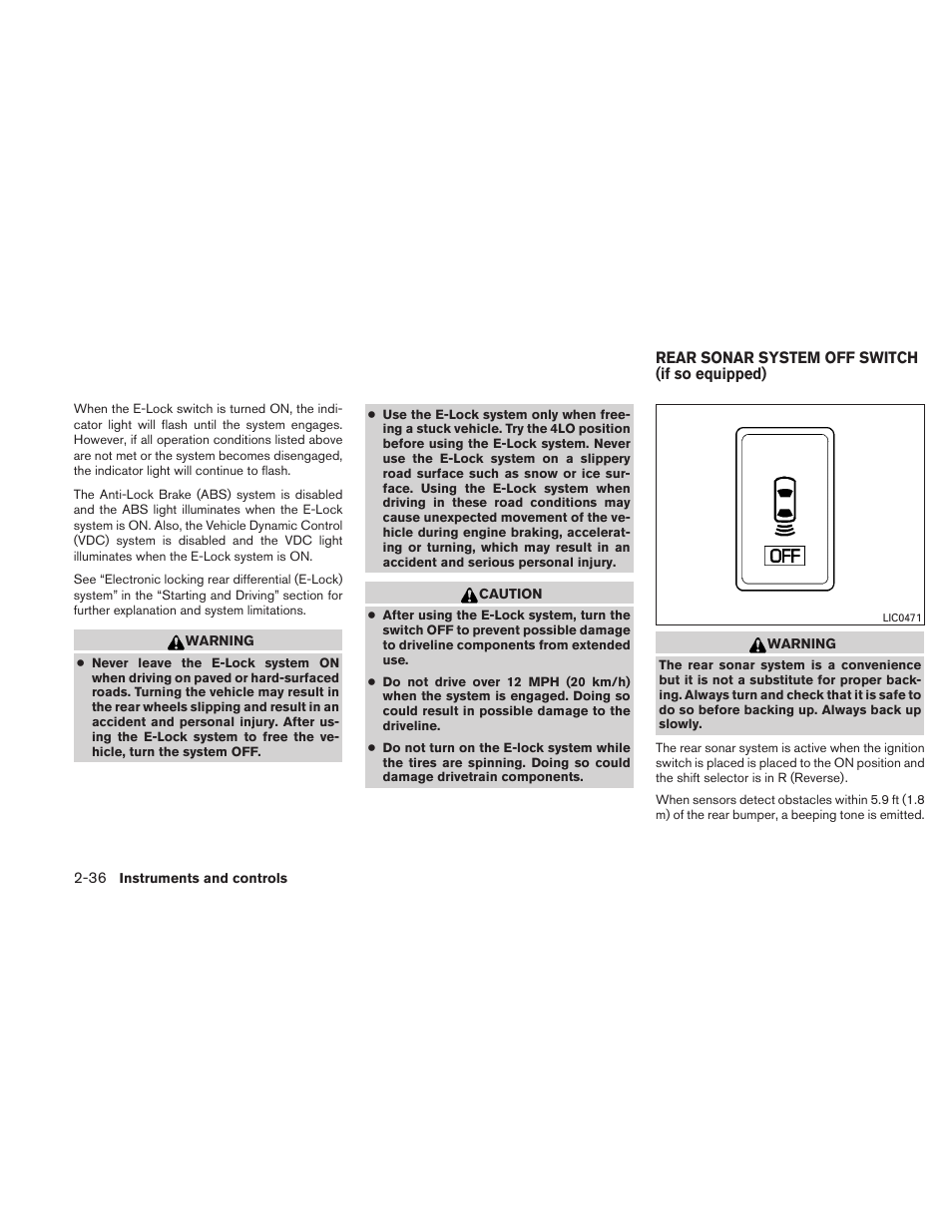 Rear sonar system off switch (if so equipped) -36 | NISSAN TITAN 2010 User Manual | Page 116 / 407