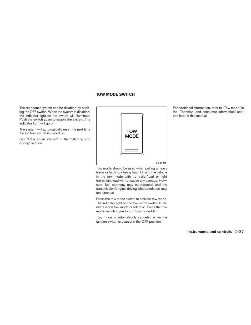 Tow mode switch -37 | NISSAN TITAN 2010 User Manual | Page 117 / 407