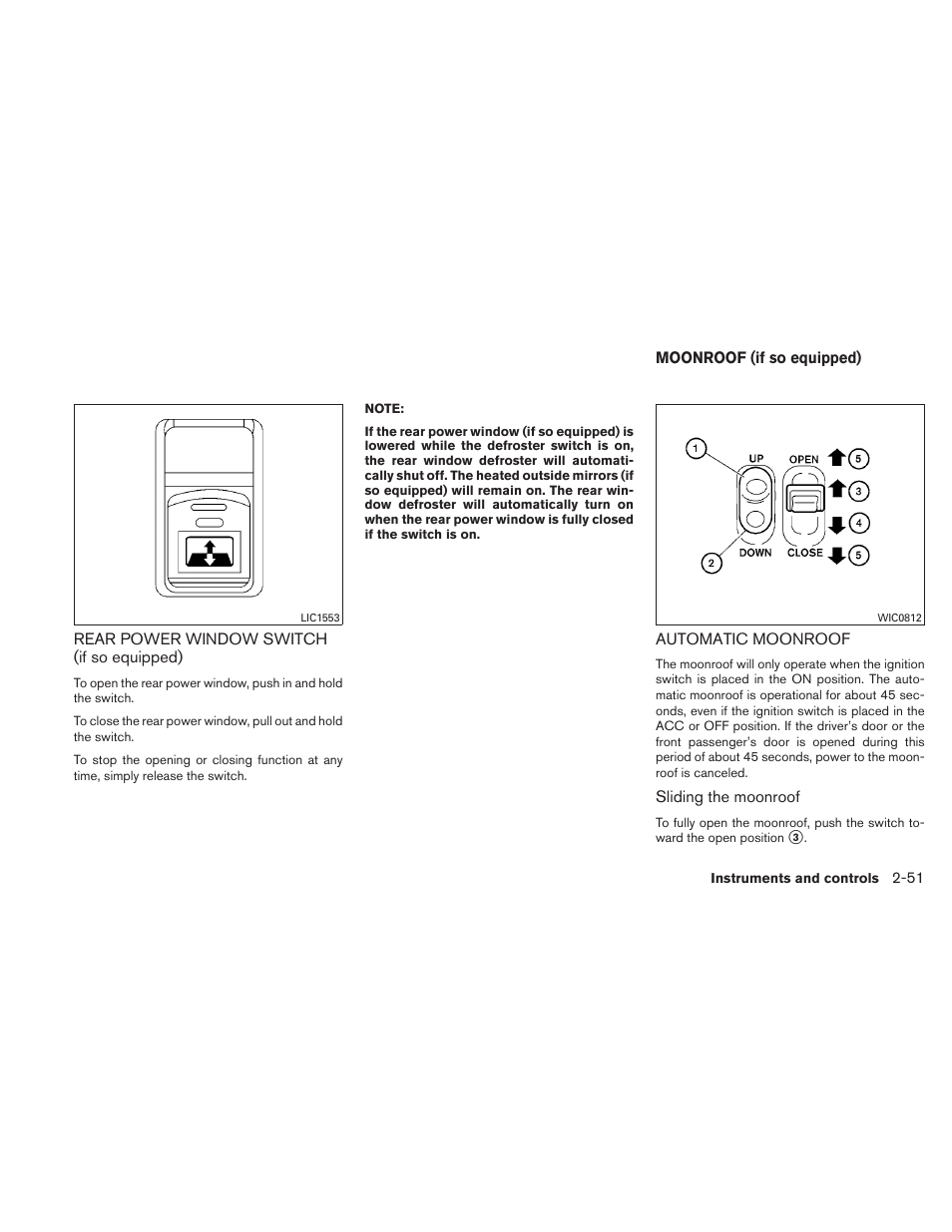 Rear power window switch (if so equipped) -51, Moonroof (if so equipped) -51, Automatic moonroof -51 | NISSAN TITAN 2010 User Manual | Page 131 / 407