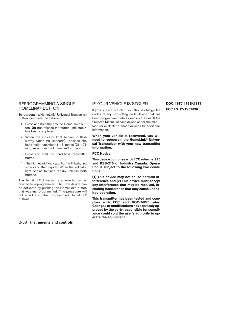 Reprogramming a single homelink, Button -58, If your vehicle is stolen -58 | NISSAN TITAN 2010 User Manual | Page 138 / 407