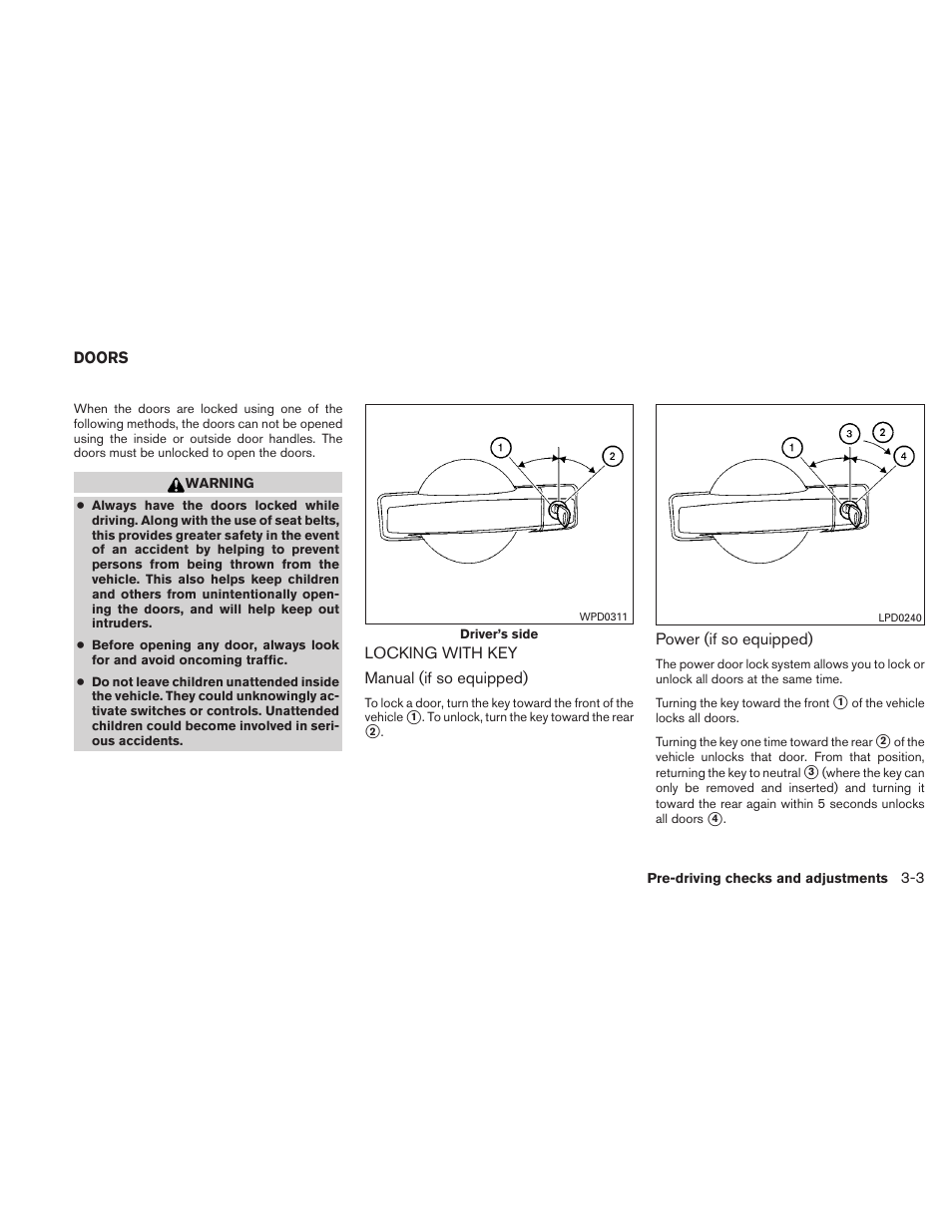 Doors -3, Locking with key -3 | NISSAN TITAN 2010 User Manual | Page 141 / 407